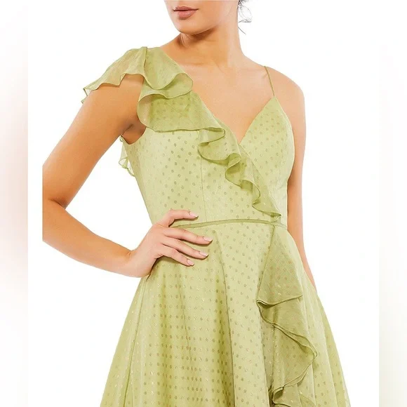 Mac Duggal 70163 V-Neck Ruffled Faux Wrap Hi Low Midi Green Dress Polka Dot 10‎ - Picture 3 of 6